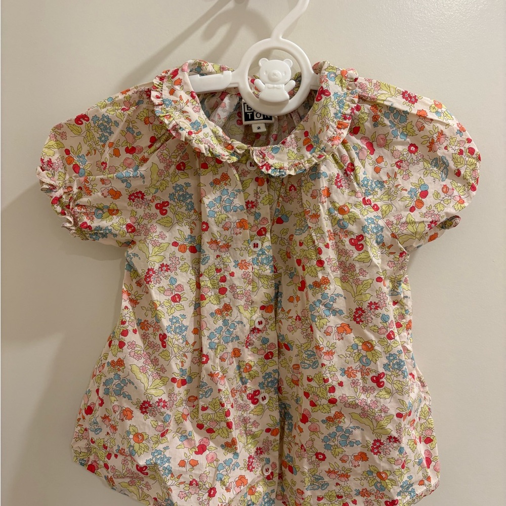 Bonton 2T Aria Liberty Print Blouse - Ecru Floral Ruffle Collar
